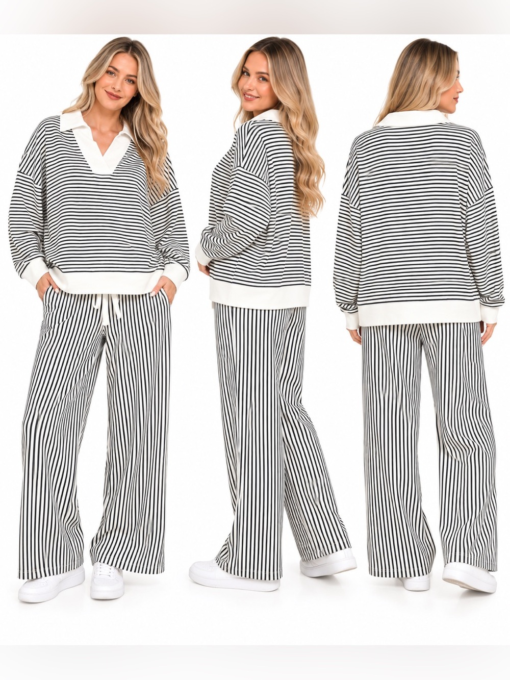 Zenana Black White Striped 2 Piece Matching Set Collared Top Wide Leg Pants